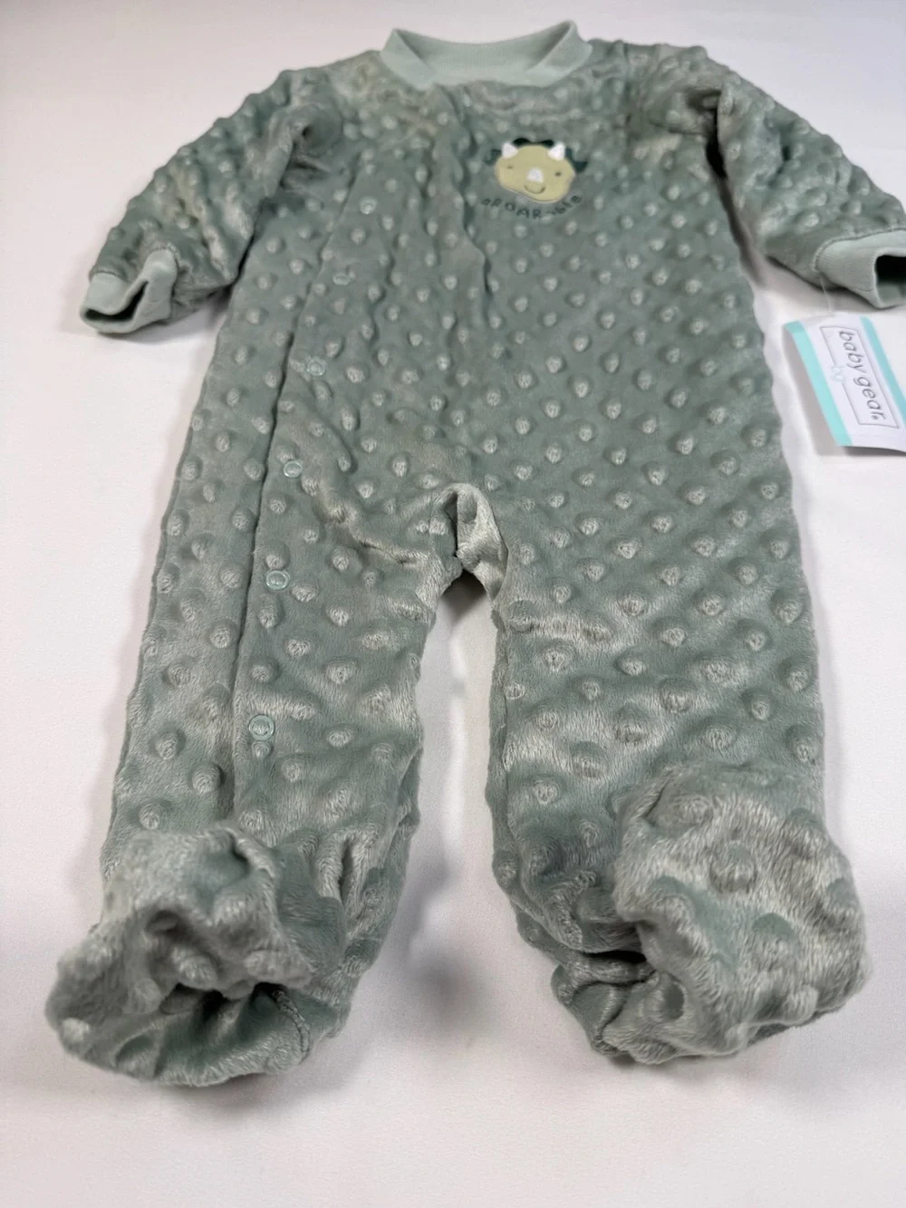 NWT BABY GEAR Unisex Dino Plush Footie Sleeper 6-9M Sage Green Cozy Soft NEW